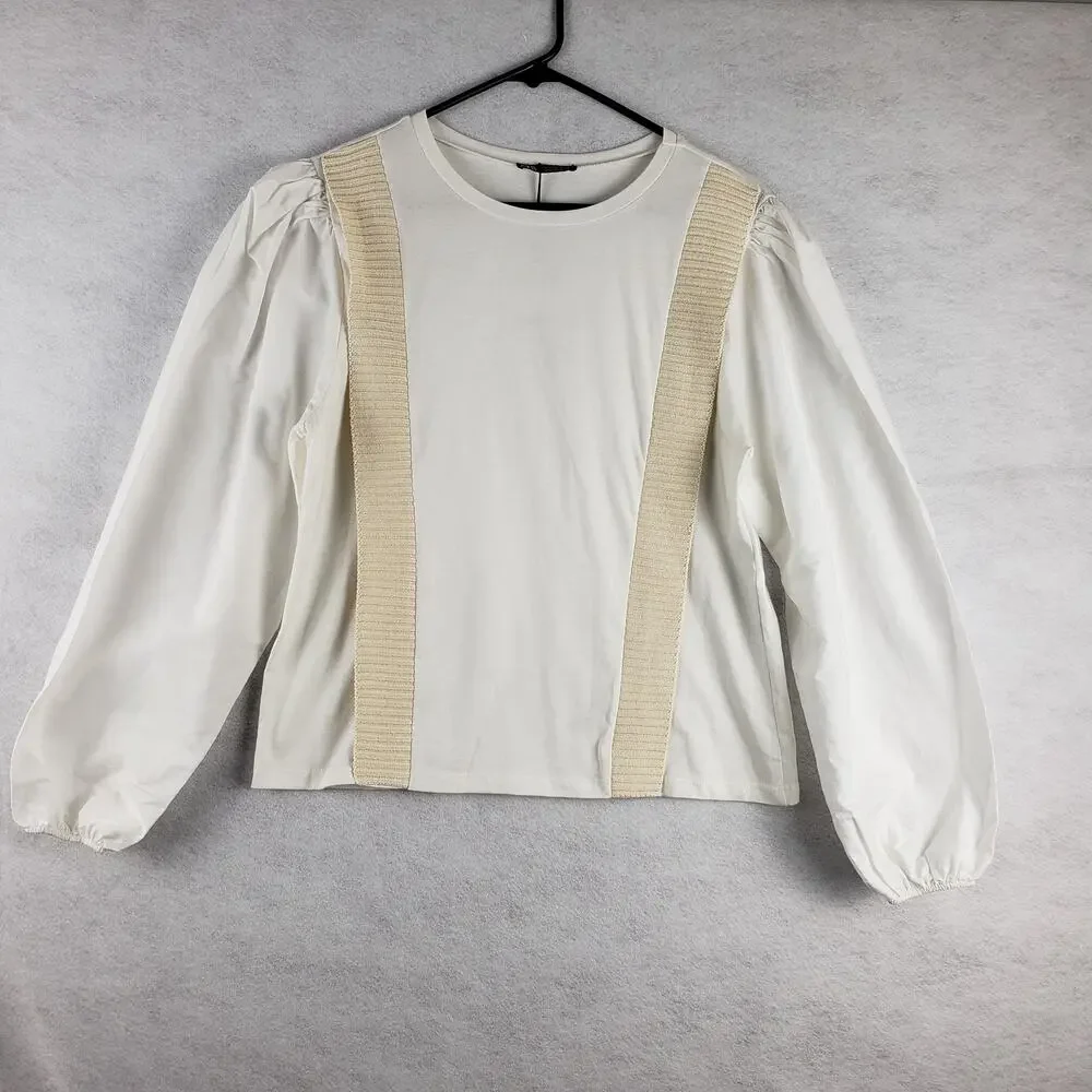 Zara Women's M Long Puff Sleeve Banded Blouse White Coastal Contemporary New‎